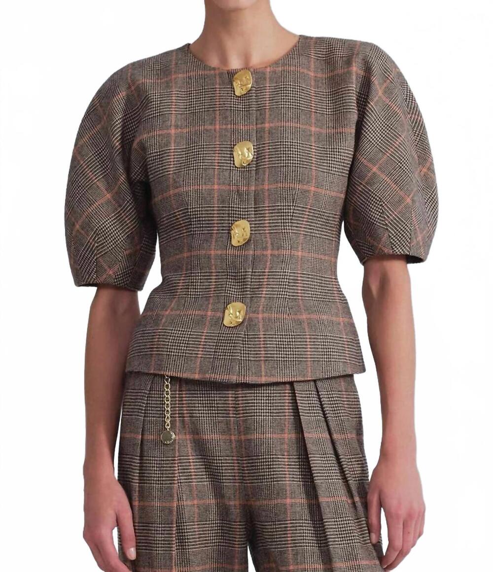 NEW CARA CARA fletcher top in odette plaid dark brown apricot